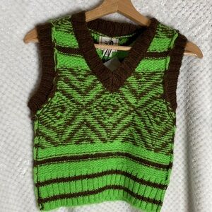 BDG Lime Green and Brown Knit V neck cropped sweater Vest